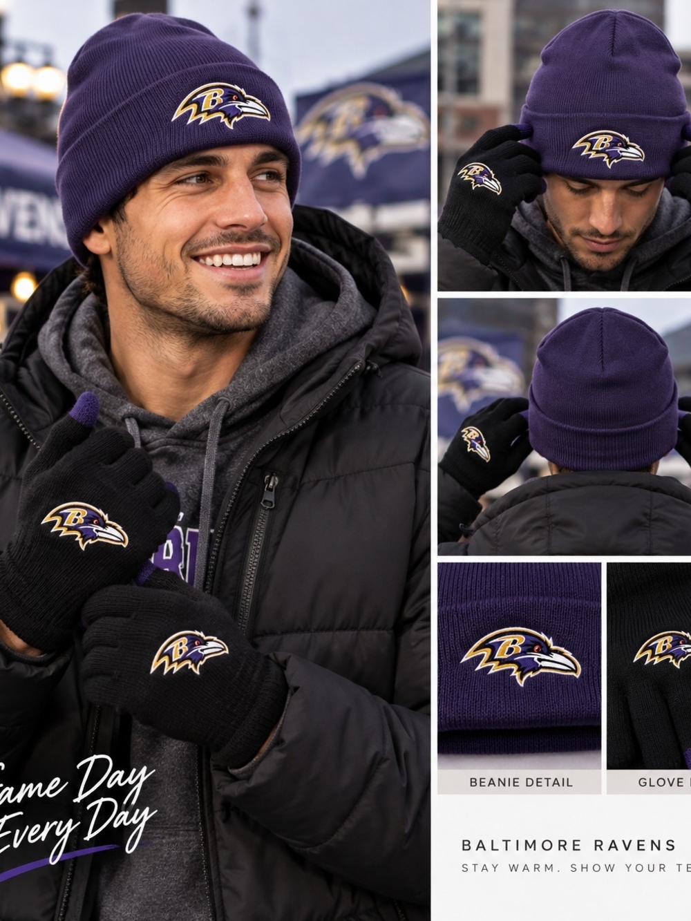 Baltimore Ravens Beanie Gloves Set Purple Black NFL Football NWT One Size
